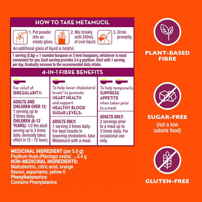 Metamucil, 每日车前子壳粉补充剂，无糖，四合一膳食纤维，促进消化健康，橙味顺滑饮料，180 份