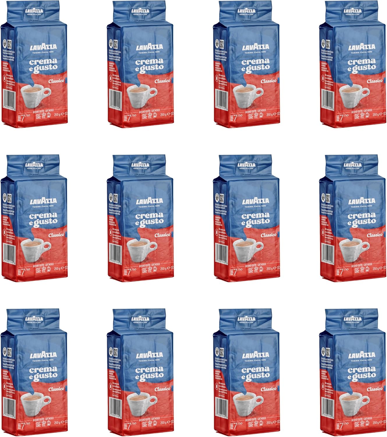 Lavazza Crema E Gusto 研磨咖啡混合物，浓缩咖啡深度烘焙，12 x 250 克砖 - 正宗意大利风味，在意大利混合和烘焙，非转基因，口感浓郁，余味悠长 - 3 公斤研磨咖啡