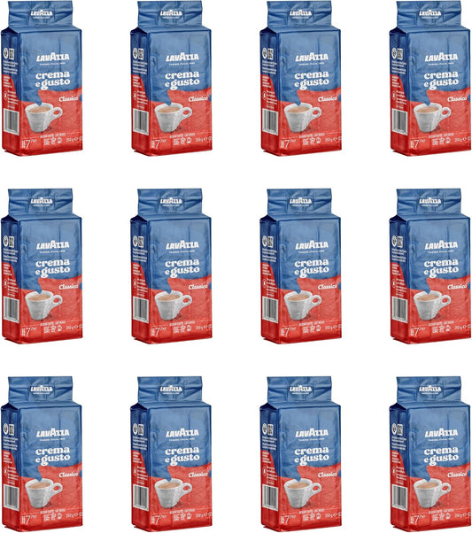 Lavazza Crema E Gusto 研磨咖啡混合物，濃縮咖啡深度烘焙，12 x 250 克磚 - 正宗意大利風味，在意大利混合和烘焙，非轉基因，口感濃鬱，餘味悠長 - 3 公斤研磨咖啡