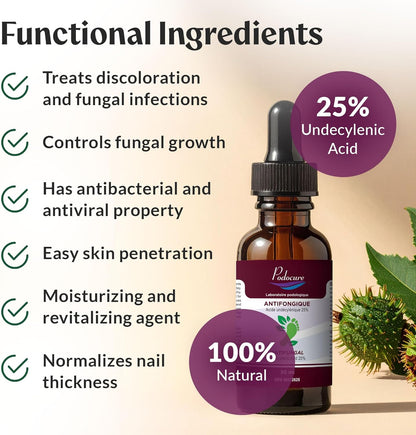 PODOCURE 脚趾甲真菌治疗 - 超强抗真菌液体 30ml，含 25% 十一烯酸 - 脚癣、变色、脱皮、真菌病、发红、瘙痒、异味的天然疗法 - 加拿大制造