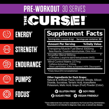 JNX SPORTS The Curse! Pre Workout Powder for Men & Women, Caffeine, Beta-Alanine, Creatine, L-Citrulline, 30 Servings, Dark Grape Flavor – Boost Energy, Strength & Focus
