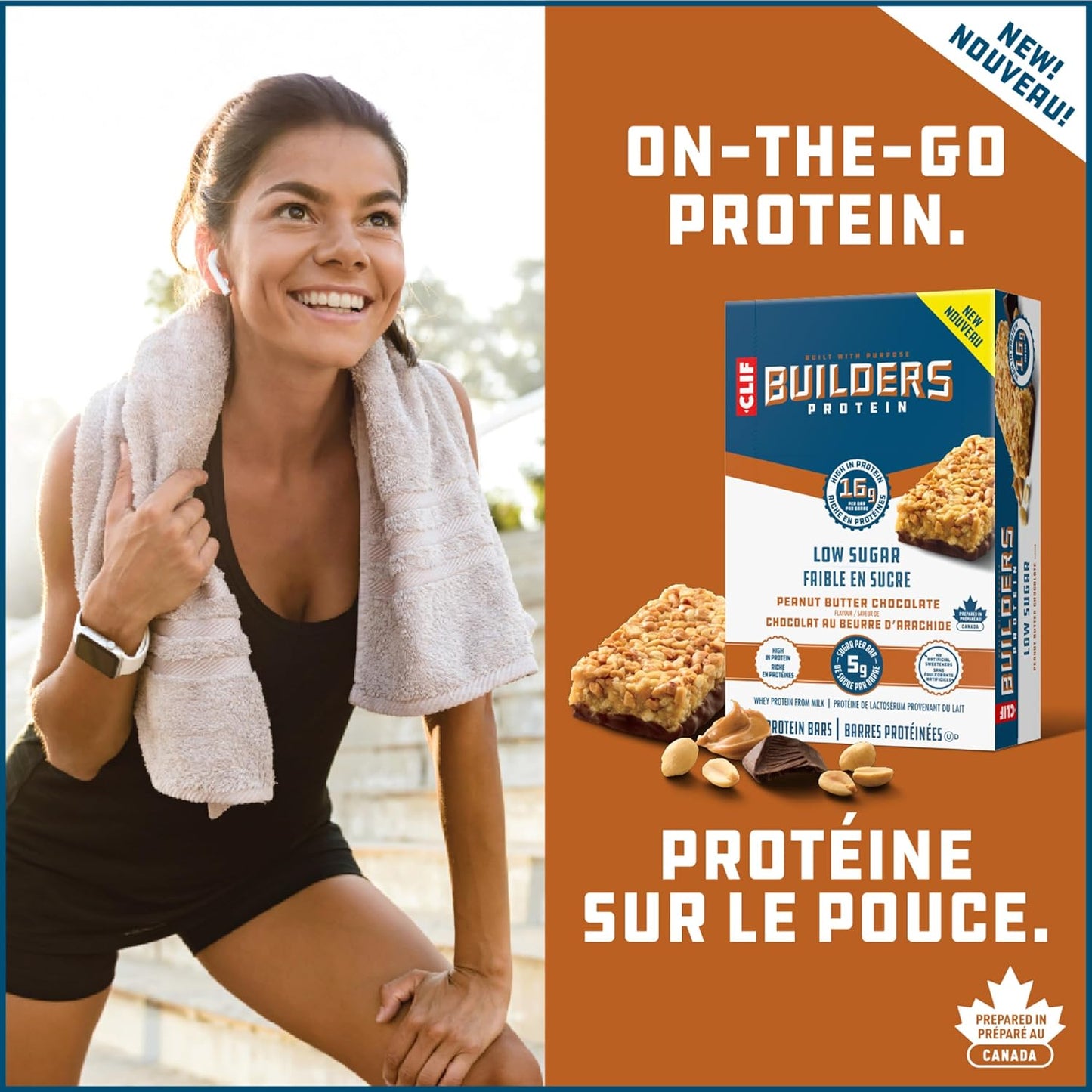 CLIF BUILDERS 低糖蛋白棒，12 包，每包 56 克，16 克蛋白质，5 克糖，不含人工甜味剂，花生酱巧克力味，高蛋白零食，加拿大制造