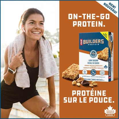 CLIF BUILDERS 低糖蛋白棒，12 包，每包 56 克，16 克蛋白质，5 克糖，不含人工甜味剂，花生酱巧克力味，高蛋白零食，加拿大制造