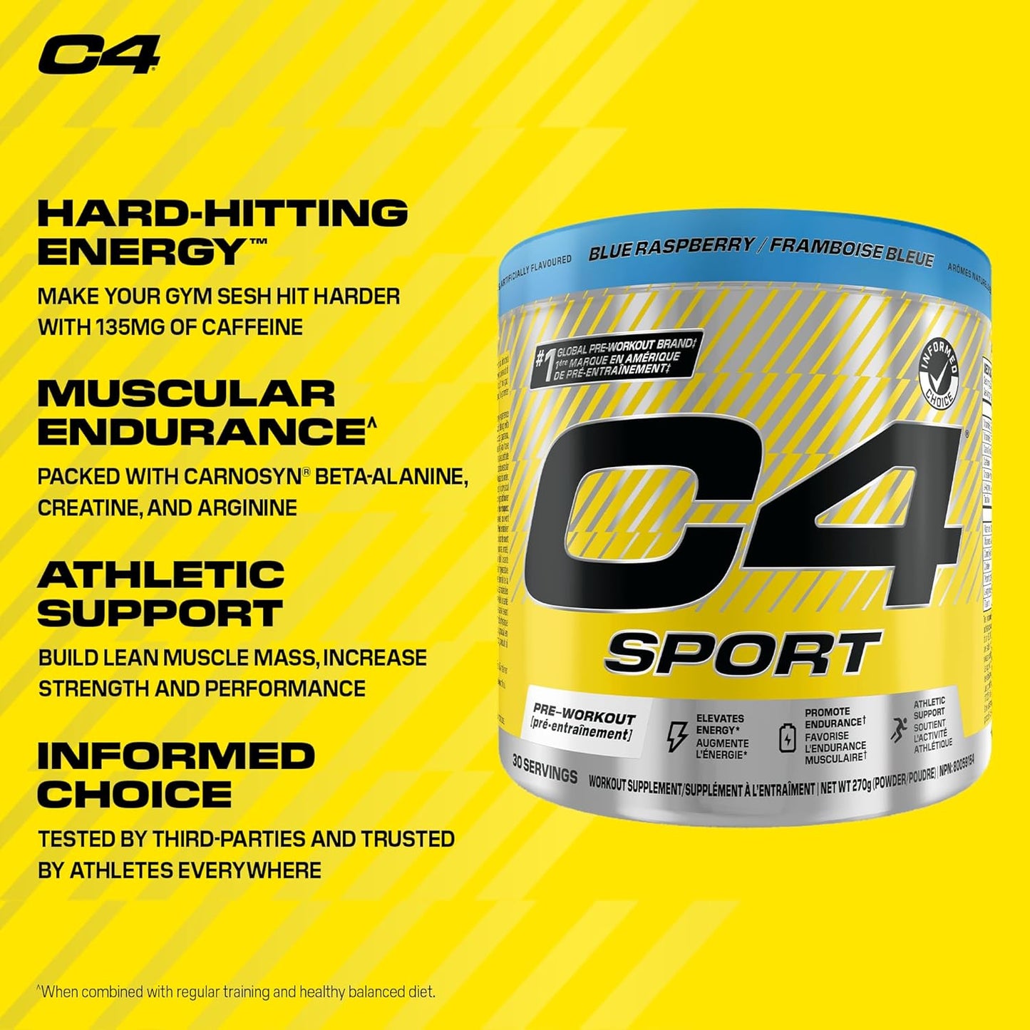 Cellucor C4 Sport Pre Workout Powder - Preworkout Energy with Creatine, Beta-Alanine, and 135mg Caffeine - NSF Certified for Sport - Blue Raspberry, 30 Servings