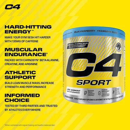 Cellucor C4 Sport Pre Workout Powder - Preworkout Energy with Creatine, Beta-Alanine, and 135mg Caffeine - NSF Certified for Sport - Blue Raspberry, 30 Servings