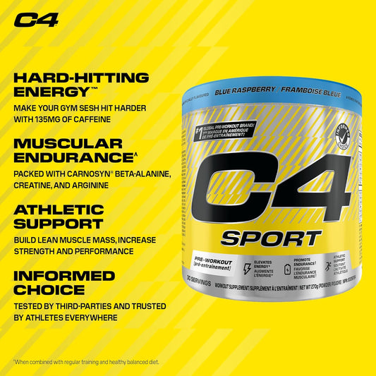 Cellucor C4 Sport 運動前粉 - 運動前能量，含肌酸、β-丙氨酸和 135 毫克咖啡因 - NSF 運動認證 - 藍莓味，30 份