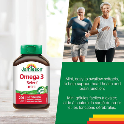 Jamieson Omega-3 Select Mini Softgels, Easy to Swallow, Supports Brain and Heart Health, and Helps Reduce Cholesterol. With EPA and DHA, Non-GMO, Gluten-Free, 200 Count, Proudly Canadian