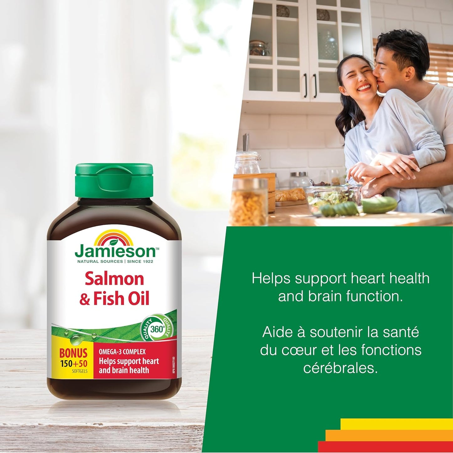 Jamieson Salmon and Fish Oil 1,000 mg Softgels, Bonus Size, Supports Heart and Brain Health. With Wild Salmon, EPA and DHA, Non-GMO, Gluten-Free, 200 Count, Proudly Canadian