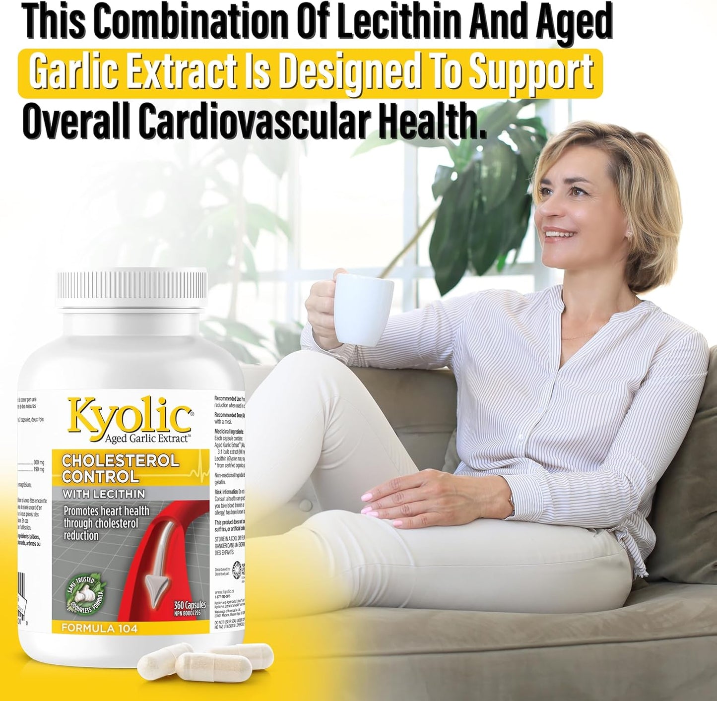 Kyolic - 含卵磷脂的胆固醇控制胶囊，360粒，90天用量 - 胆固醇配方104 - Kyolic 陈年大蒜提取物胶囊 - 促进心脏健康和免疫系统支持