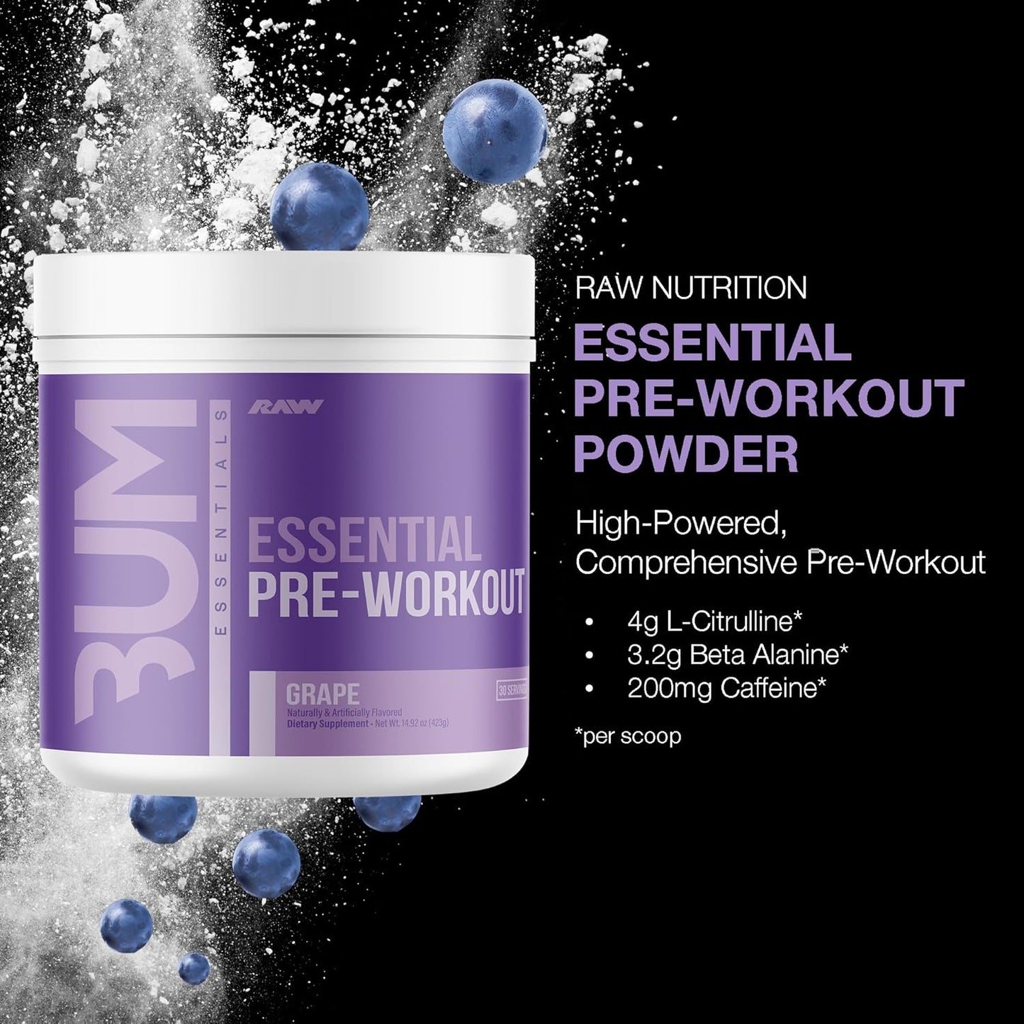 RAW BUM Essential Pre Workout Powder | Chris Bumstead Signature Essential Pre Workout | Caffeine, L-Citrulline, L-Tyrosine, & Beta Alanine Blend | 30 Servings (Grape)