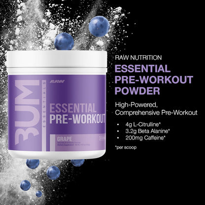 RAW BUM Essential Pre Workout Powder | Chris Bumstead Signature Essential Pre Workout | Caffeine, L-Citrulline, L-Tyrosine, & Beta Alanine Blend | 30 Servings (Grape)