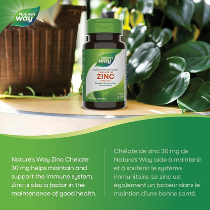 Nature's Way 鋅螯合物 - 免疫系統、能量代謝和整體健康支持 - 預防鋅缺乏症 - 每粒膠囊含 30 毫克鋅螯合物 - 不含麩質 - 100 粒膠囊