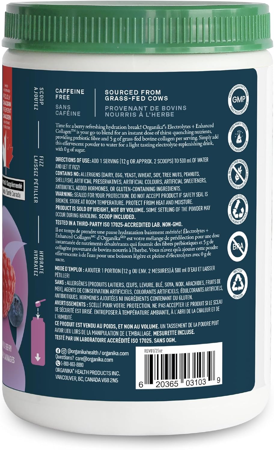 Organika 加拿大製造電解質 + 增強膠原蛋白 - 野莓口味 - 無糖補水 | 5 克蛋白質 + 100% 每日所需維生素 C | 360 克，30 份