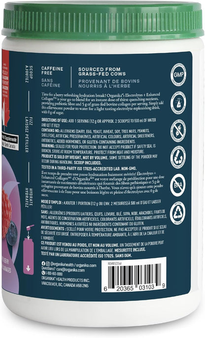 Organika 加拿大製造電解質 + 增強膠原蛋白 - 野莓口味 - 無糖補水 | 5 克蛋白質 + 100% 每日所需維生素 C | 360 克，30 份