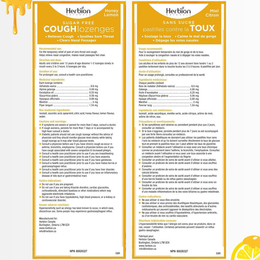Herbion Naturals 无糖止咳润喉糖，天然蜂蜜柠檬味，25 粒润喉糖，缓解咳嗽和鼻塞，舒缓咽喉痛，适​​用于成人和 12 岁及以上儿童，1 包