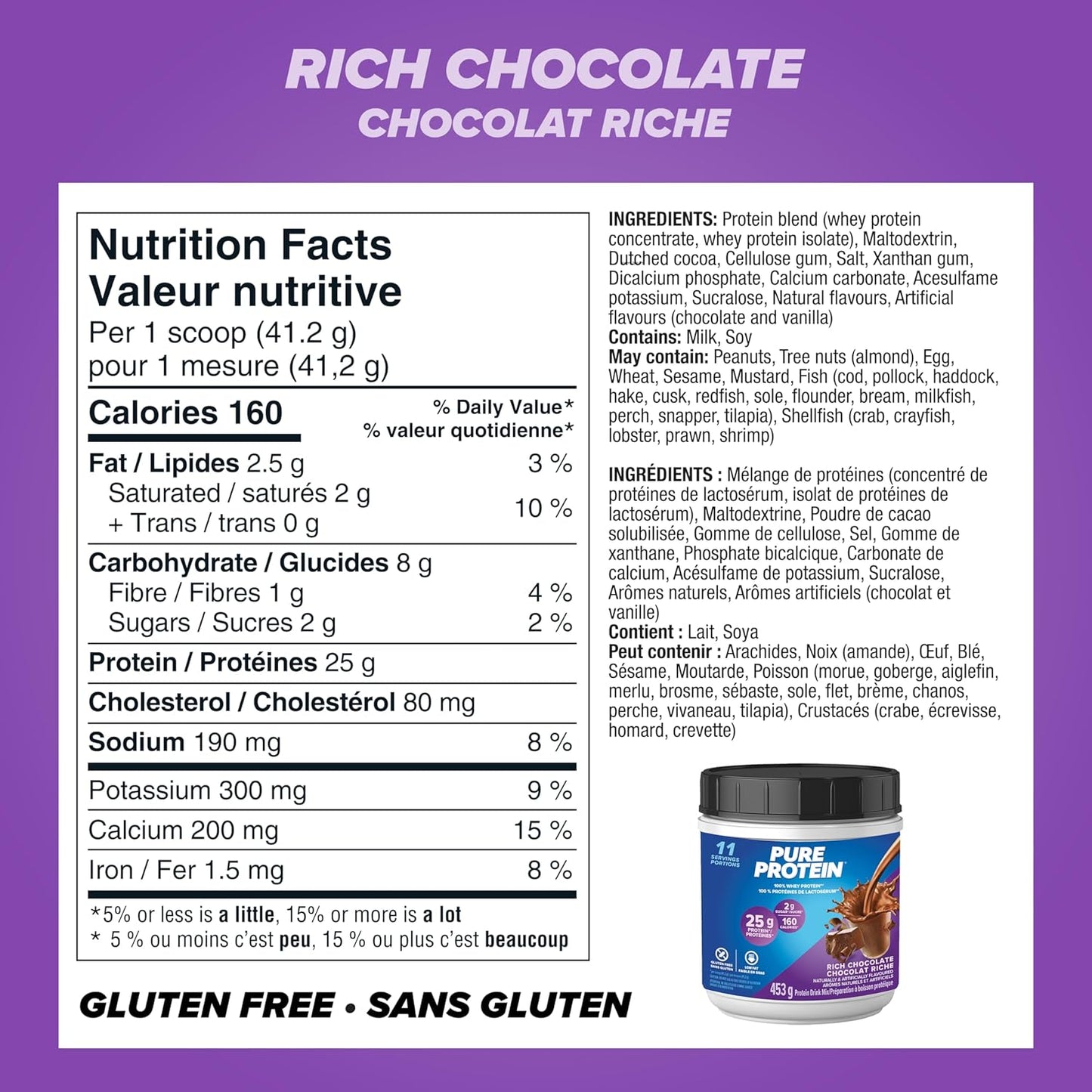 纯蛋白乳清粉 - 高蛋白（25 克/勺）、低糖（2 克/勺）、无麸质 - 速效配方，巧克力味，453 克