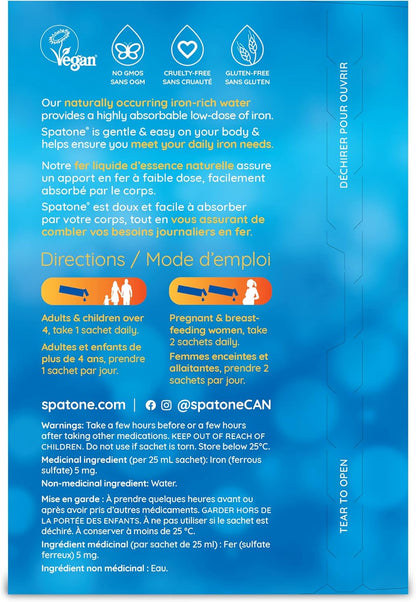 Spatone 100% 天然液態鐵補充劑，原味，純素，減少疲勞，28 袋 x 25 毫升，700.0 毫升（1 包）