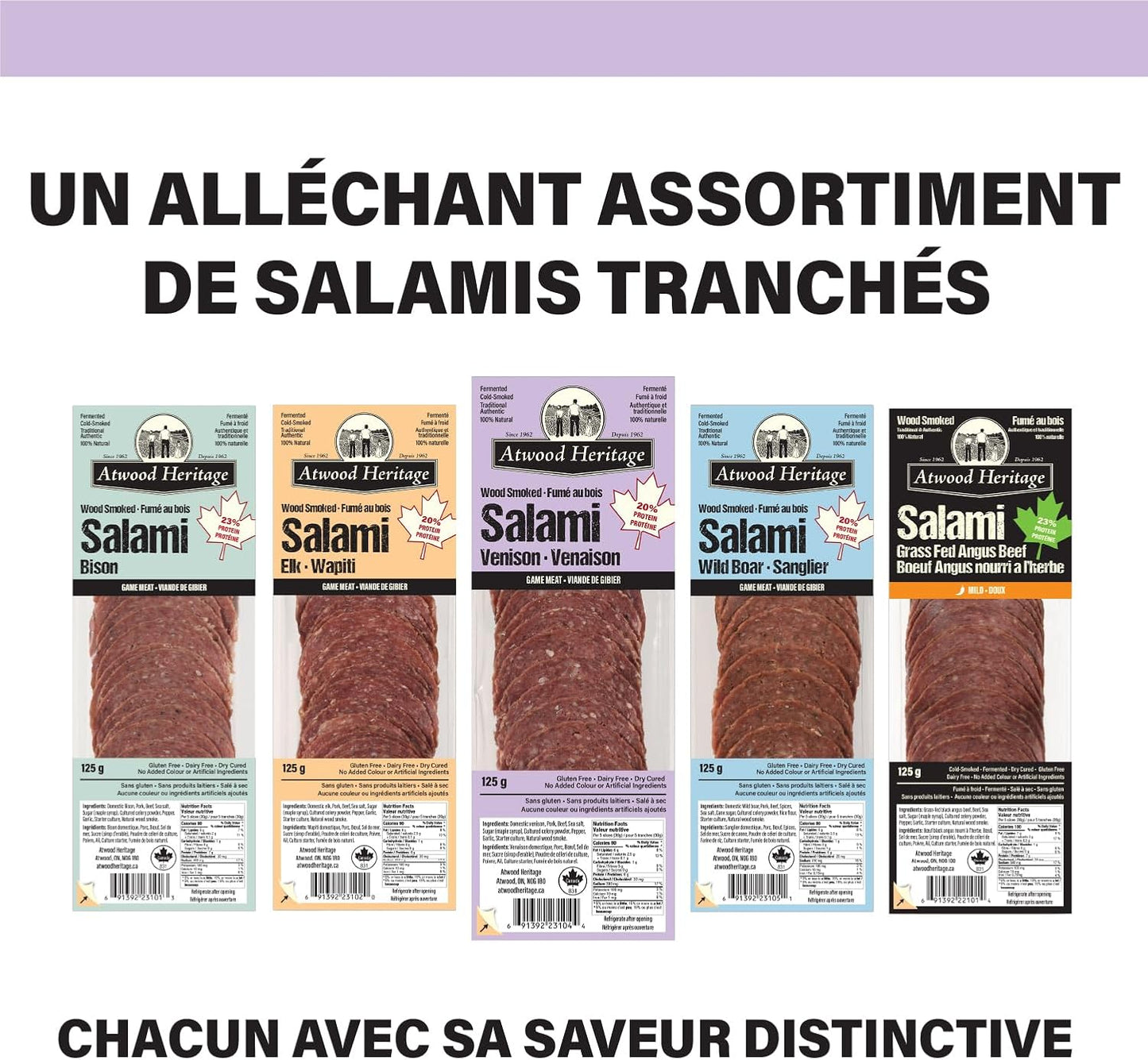 Atwood Heritage 鹿肉、豬肉和牛肉切片薩拉米香腸，125克，高蛋白，無麩質，無硝酸鹽，加拿大製造