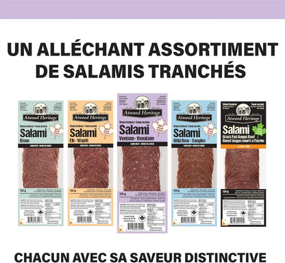Atwood Heritage 鹿肉、豬肉和牛肉切片薩拉米香腸，125克，高蛋白，無麩質，無硝酸鹽，加拿大製造