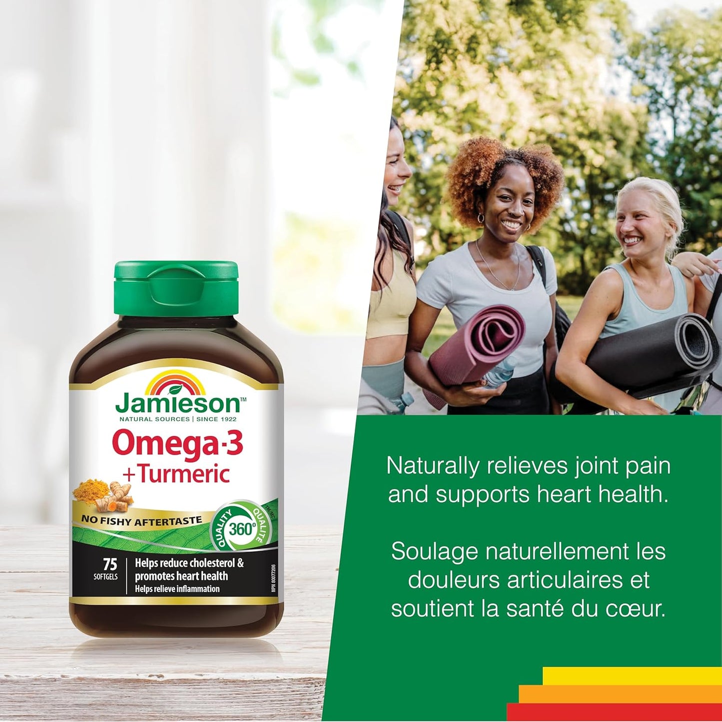 Jamieson Omega-3 + 姜黄软胶囊，无鱼腥味，支持心脏、大脑和关节健康。鱼油，降低胆固醇，缓解炎症，富含EPA和DHA，无麸质，75粒装，加拿大制造