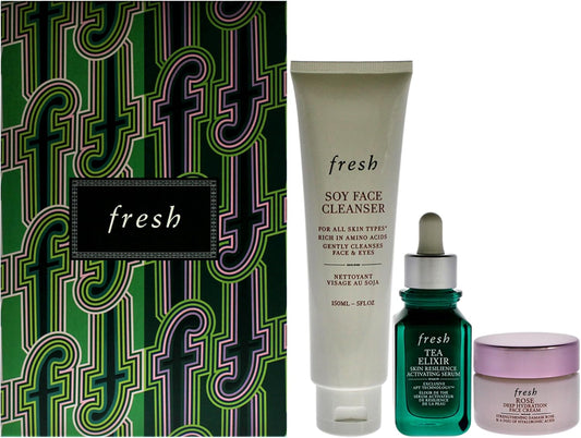 Fresh Resilient Hidrated Skin Trio 5oz Soy Face Cleanser, 1oz Elixir Skin Resilience Activating Serum - Tea, 0.5oz Deep Hidration Face Cream - Rose Women 3 Pc