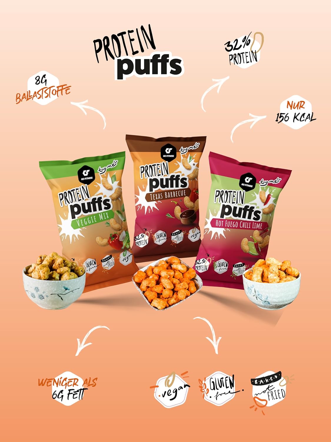 GoFitness Nutrition Protein Puffs — Veggie Mix, 6x50g Box — Crunchy High-Protein Snack for Muscle Support, Low Sugar & Keto-Friendly