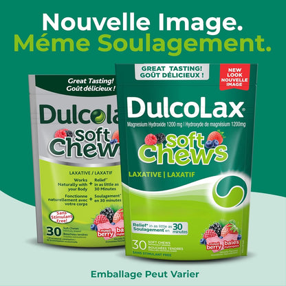 DulcoLax 软咀嚼片，用于缓解偶尔便秘的温和泻药，适用于成人和 12 岁及以上儿童，纯素、无刺激、无麸质泻药，混合浆果味，30 片