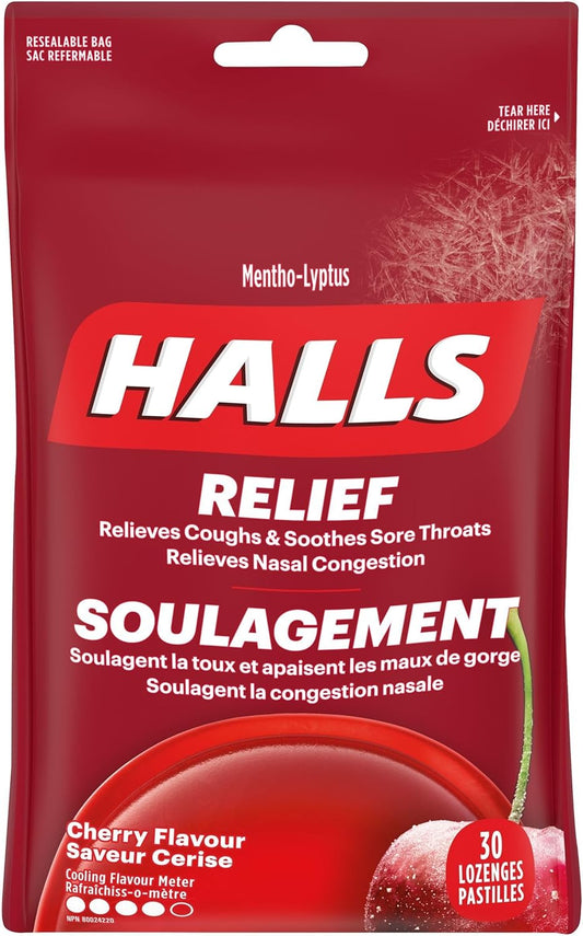 HALLS 樱桃味止咳糖，润喉糖，缓解咽喉痛，薄荷醇，30 粒润喉糖，加拿大制造