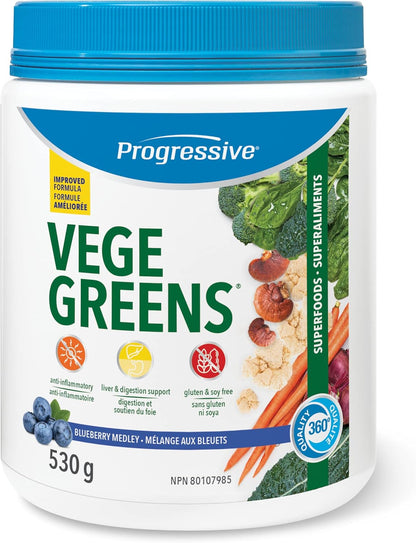 Progressive Vegegreens 蓝莓混合口味 530 克，抗炎、保肝、助消化、复合维生素，适合活跃男性，120 粒装，含南非醉茄和西伯利亚人参