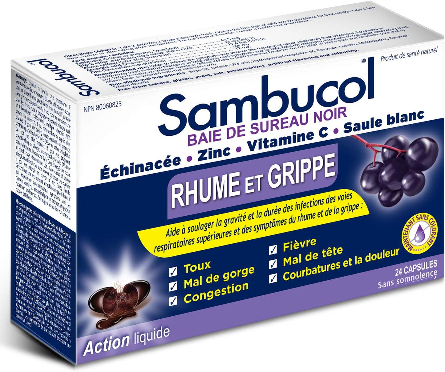 Sambucol Black Elderberry – Cold & Flu Relief | Echinacea, Zinc, Vitamin C & White Willow | Helps Relieve Congestion, Sore Throat, Coughs & Fatigue | Natural Health Product, For Adults | 24 Capsules