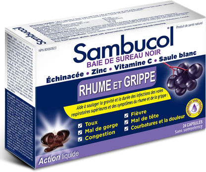 Sambucol Black Elderberry – Cold & Flu Relief | Echinacea, Zinc, Vitamin C & White Willow | Helps Relieve Congestion, Sore Throat, Coughs & Fatigue | Natural Health Product, For Adults | 24 Capsules