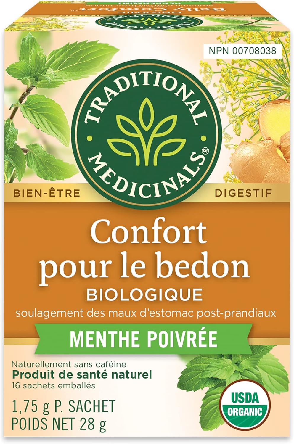 Traditional Medicinals - 有机舒腹薄荷草本茶（6 包）- 含生姜、茴香和柠檬香脂，有助于消化 - 共 96 个茶包