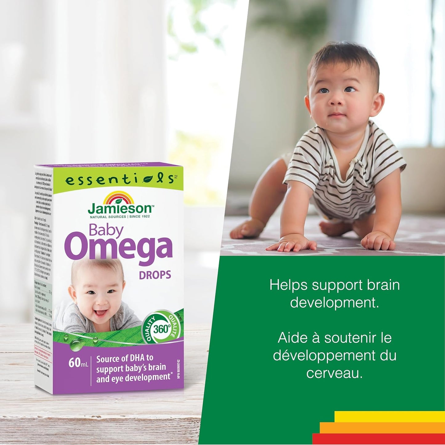 Jamieson 婴儿 Omega-3 滴剂，富含 EPA 和 DHA，加拿大制造，支持大脑和眼睛发育。天然香料，不含麸质、人工色素、香精或防腐剂，60 毫升