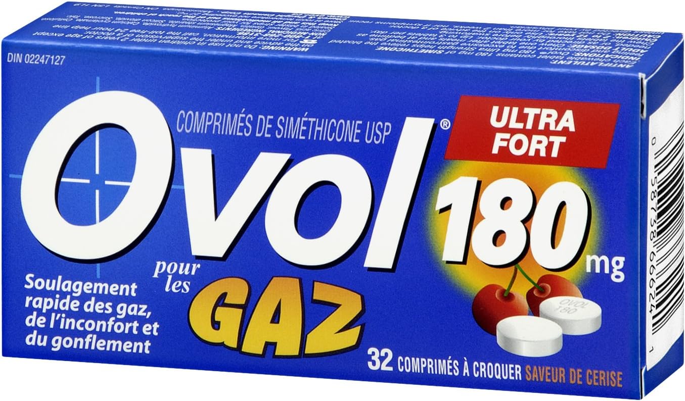 Ovol 强效樱桃味咀嚼片，缓解胀气疼痛、腹胀和腹胀，加拿大制造，180 毫克，32 片