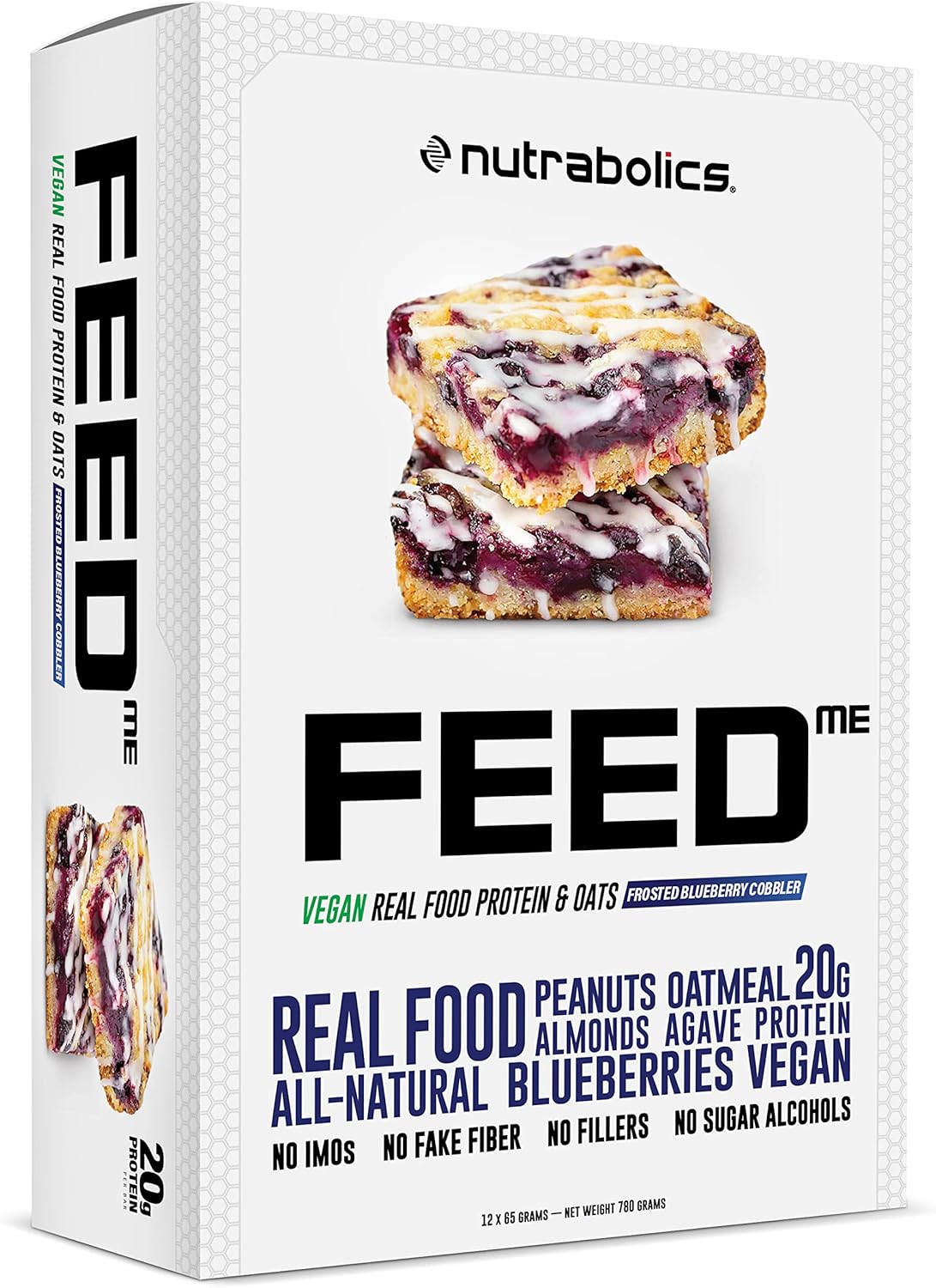 Nutrabolics- Feed me, Vegan Real Food Protein Bar, Frosted Blueberry Cobbler Box, 12 x 65 grams