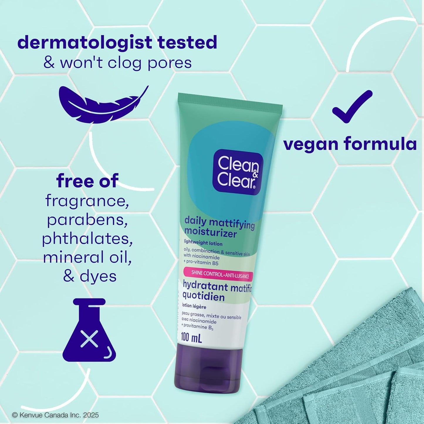 Clean & Clear Daily Mattifying Facial Moisturizer, Shine Control Face Lotion with Niacinamide & Pro-Vitamin B5 for Oily, Combination, & Sensitive Skin Care, Non-Comedogenic, 100 ml