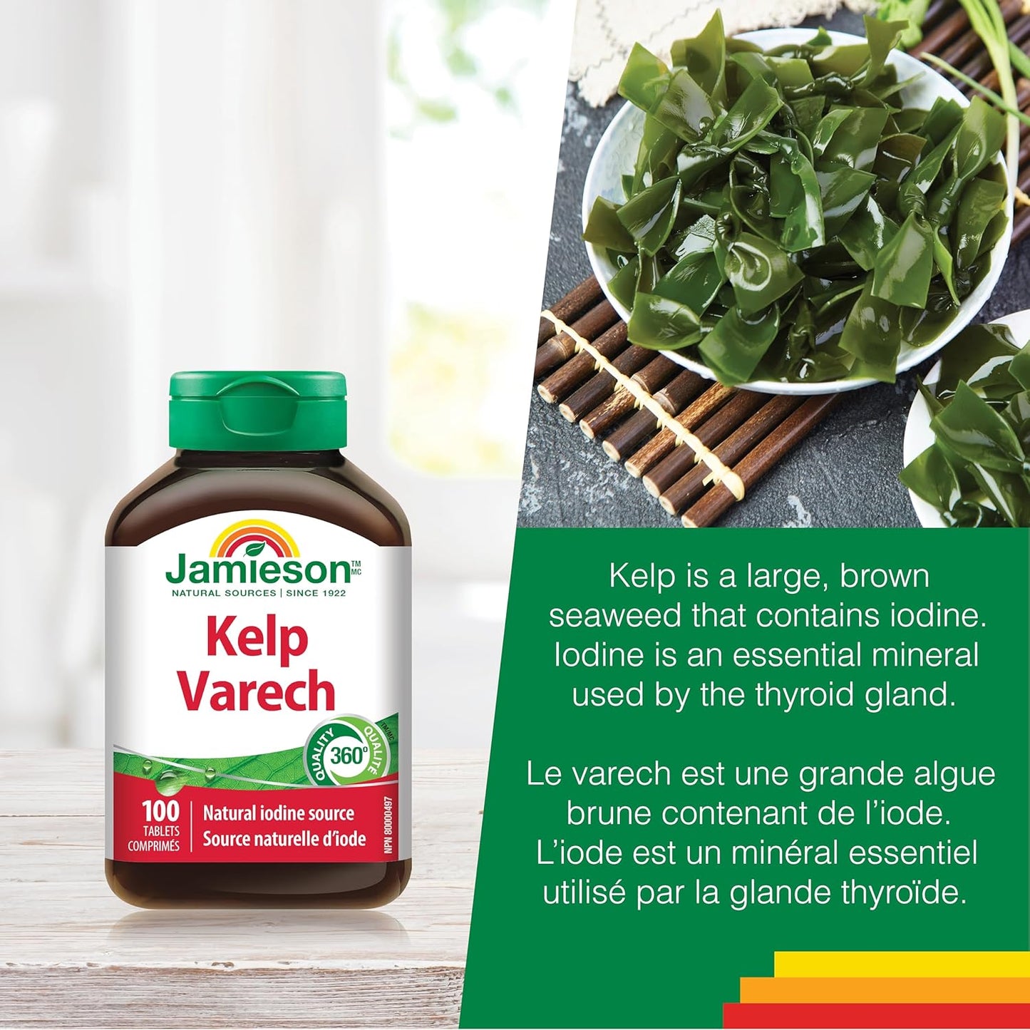 Jamieson 海帶片，650 微克碘的天然來源，有助於甲狀腺功能，並有助於維持健康。非基因改造，無麩質，100 片，加拿大製造