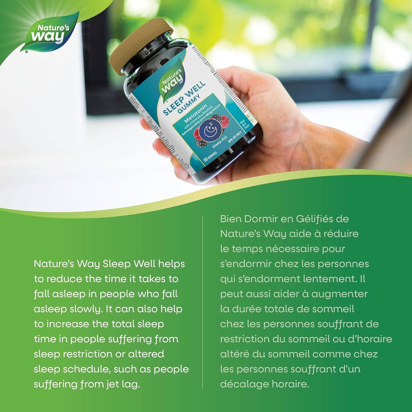 Nature's Way 睡眠好软糖 – 褪黑激素、镁和经临床研究的南非醉茄补充剂，成人睡眠辅助和时差支持，天然混合浆果口味，60 粒素食软糖