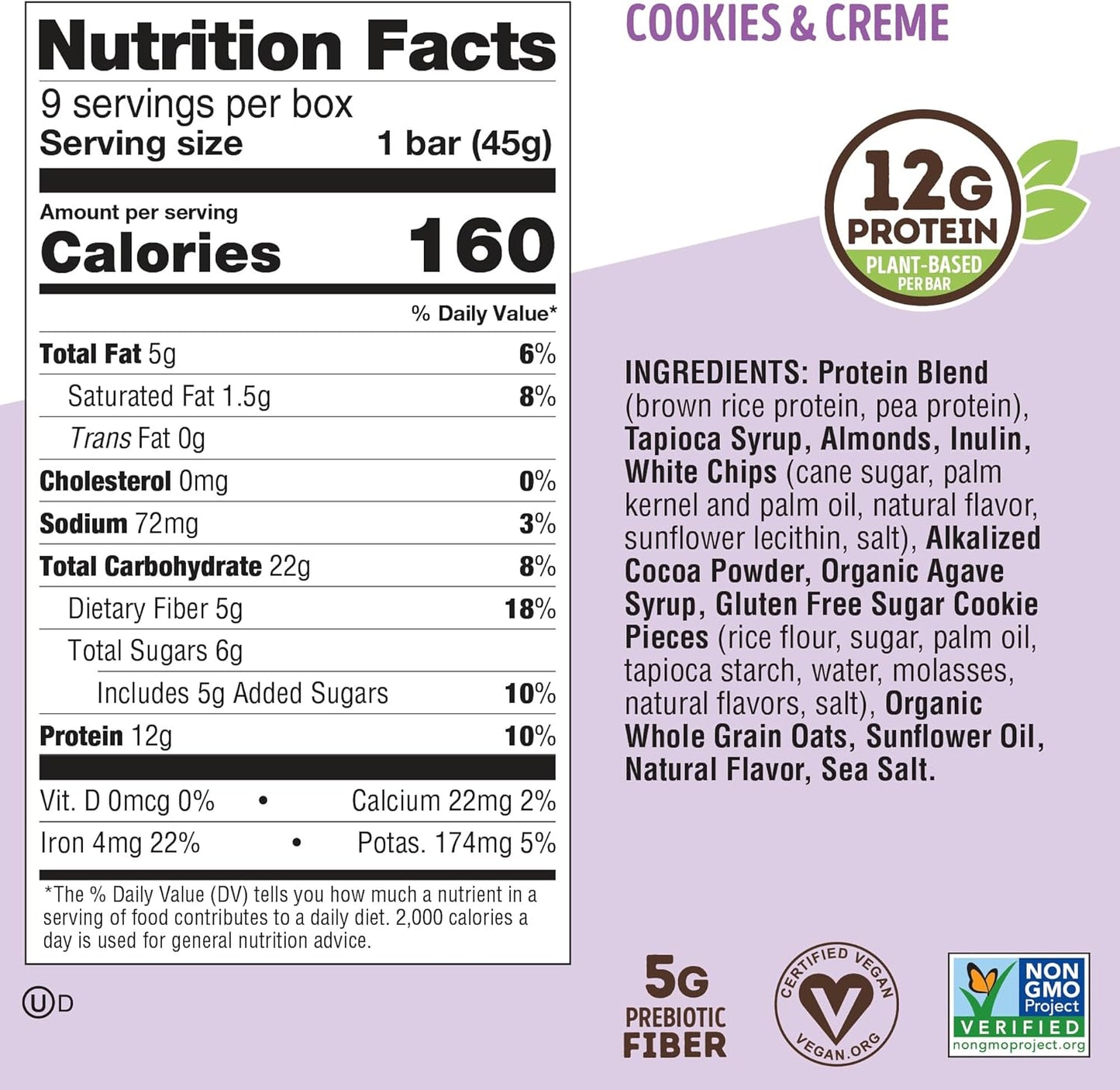 Lenny & Larry's The Complete Cookie-fied Bar, Plant-Based Protein Bar, Vegan and Non-GMO, Cookies & Crème, 45 g, 9 Count