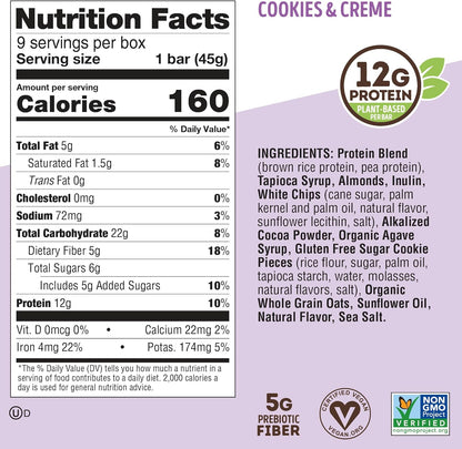 Lenny & Larry's The Complete Cookie-fied Bar, Plant-Based Protein Bar, Vegan and Non-GMO, Cookies & Crème, 45 g, 9 Count