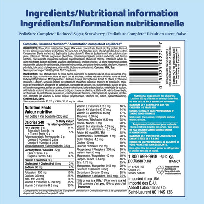 PediaSure Complete Reduced Sugar，减少 33% 的糖，营养补充剂，4 x 235 毫升，草莓味，940 毫升