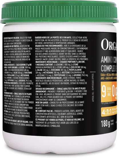 Organika 加拿大製造氨基酸複合粉 - 7 克 BCAA + 9 種 EAA 和 L-精氨酸，可增強肌肉蛋白質合成、肌肉修復和改善運動恢復，無糖漿果柑橘味 180 克