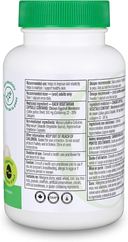 Organika Canadian-Made Vegetarian Collagen - Sourced From Natural Eggshell Membrane | For Healthier Skin, Hair, Nails and Joints - 60vcaps
