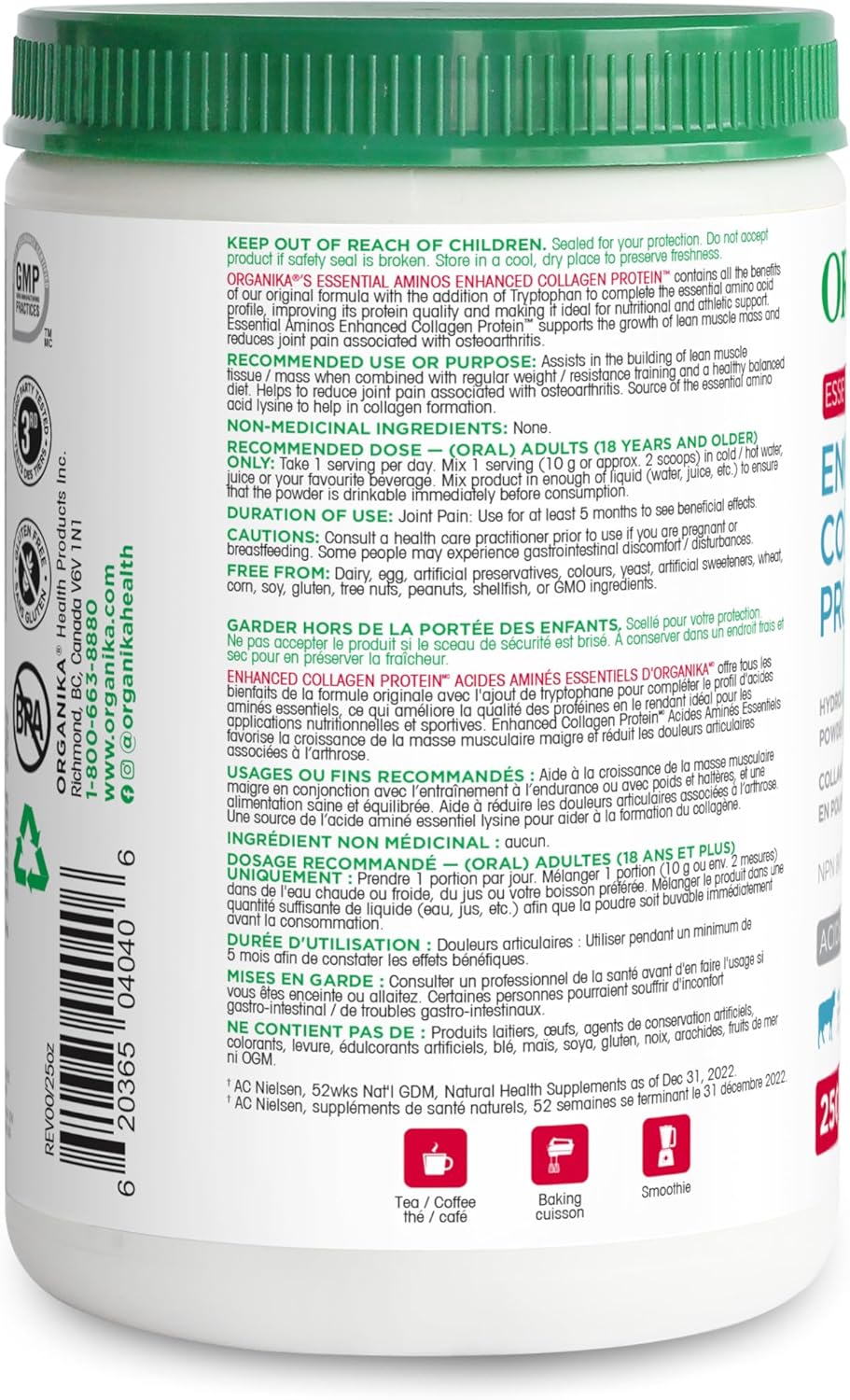 Organika 增強型膠原蛋白必需氨基酸 - 完整的必需氨基酸配方，有助於肌肉生長和恢復、關節支持和皮膚保濕 - 草飼，無味 - 250 克，25 份