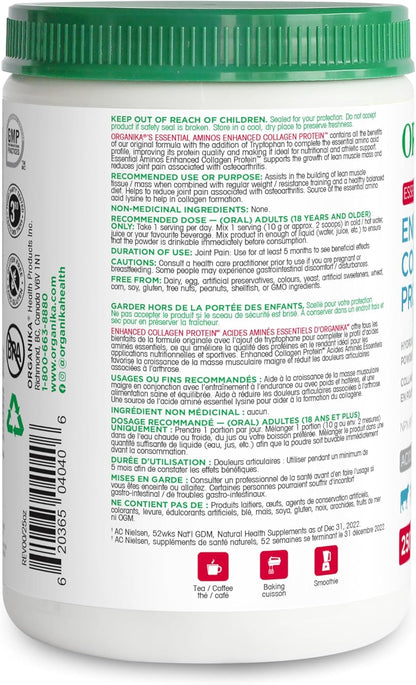 Organika 增強型膠原蛋白必需氨基酸 - 完整的必需氨基酸配方，有助於肌肉生長和恢復、關節支持和皮膚保濕 - 草飼，無味 - 250 克，25 份
