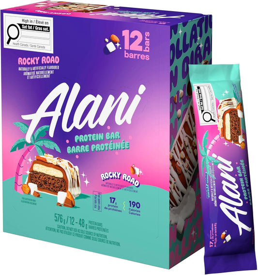 Alani Nu Protein Bars Rocky Road | High Protein Gluten-Free Bars | 16g Protein | Low-Sugar (7G) Low-Carb Healthy Snacks | 12 Individually Wrapped Bars