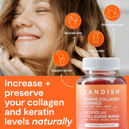 Landish Marine Collagen Gummies – Wild Canadian Marine Collagen, Vitamin C, Magnesium, Zinc & Biotin – Skin, Hair, Nails & Joint Support – No Artificial Colours or Flavours – Made in Canada – 60 Gummies