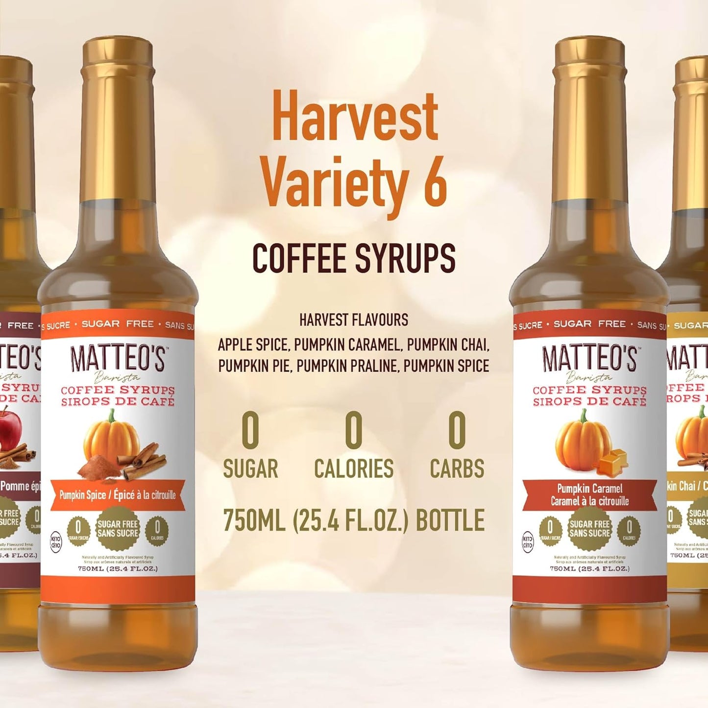 Matteo's Barista Style 无糖咖啡糖浆 - 4 种口味 Harvest 混合装，无卡路里，适合生酮饮食的咖啡糖浆和口味，美味咖啡糖浆，适合居家和工作时饮用的咖啡糖浆 25.4 盎司