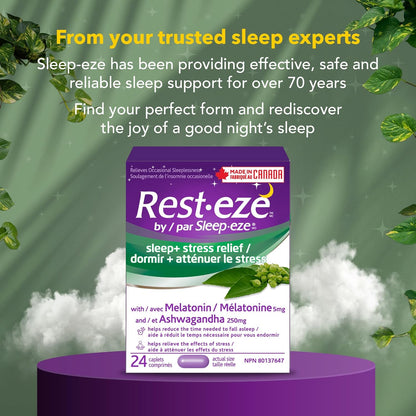 Rest Eze by Sleep Eze, Sleep + Stress Relief, 24 Caplets, Made in Canada
