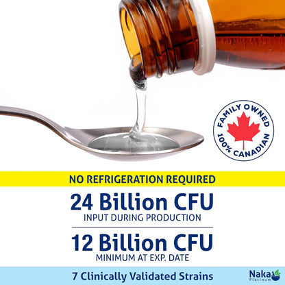 Naka Platinum 有机益生菌 7 液，保质期长，支持消化健康，支持健康的肠道菌群，缓解肠易激综合征 (IBS)、腹胀和便秘症状，无味，加拿大制造，适用于成人和儿童（125 毫升）